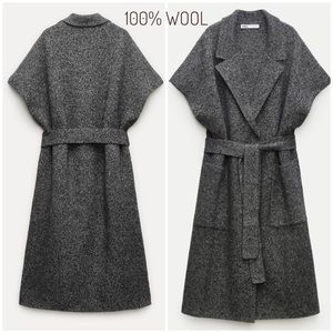 Zara 100% wool flecked belted coat short sleeves 2024